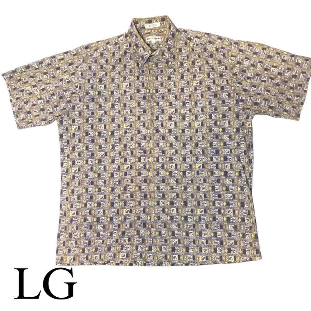 Pierre Cardin 100% Cotton Short SleeveShirt LG Resortwear Blue Gray Yellow NWOT